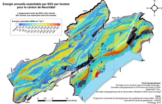Carte de l'énergie exploitable par des sondes géothermiques verticales (SGV) pour le canton de Neuchâtel (PDGN, 2010).